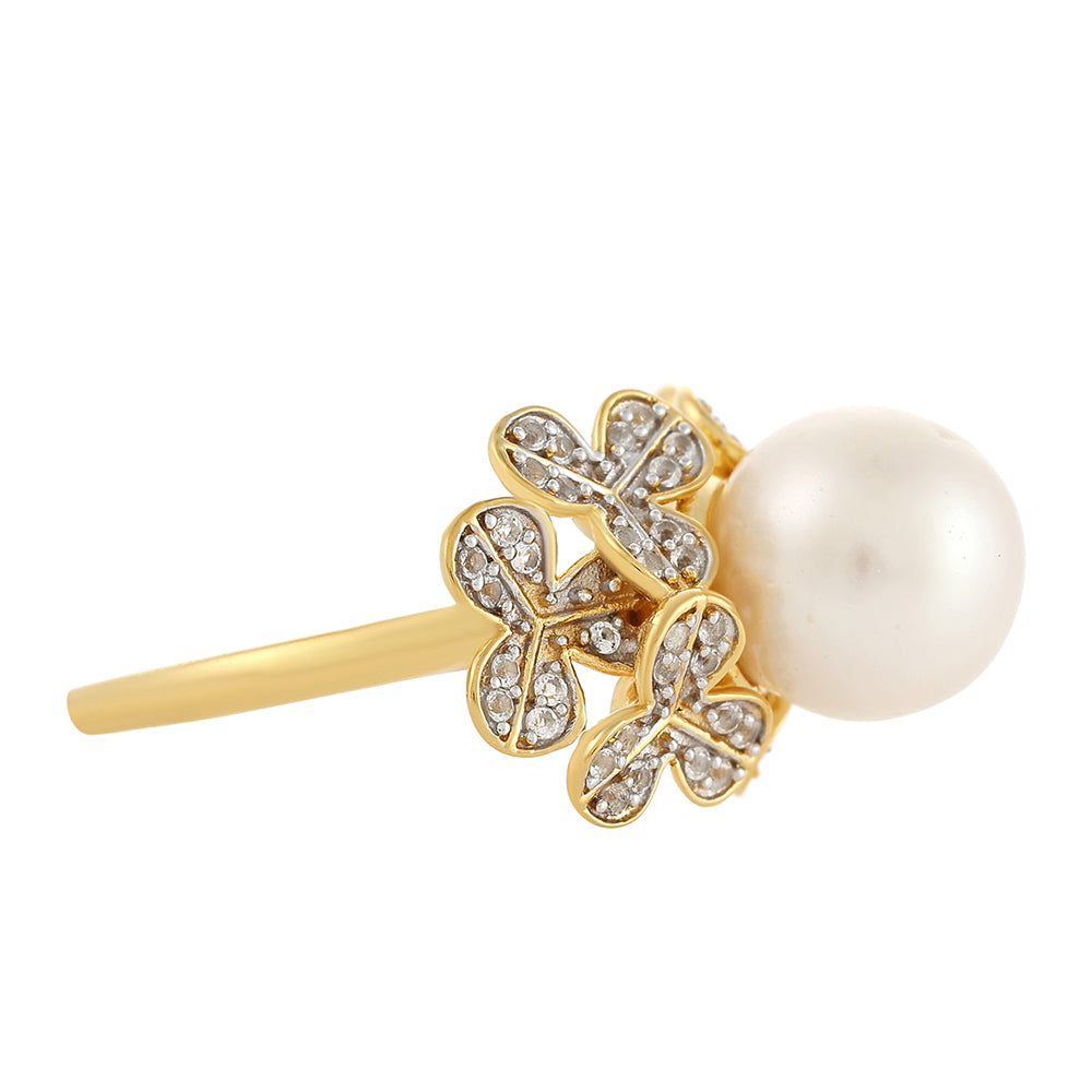 Anillo de Plata Bañada en Oro con Perla Barroca Cultivada de Agua Dulce y Topacio Blanco 2 