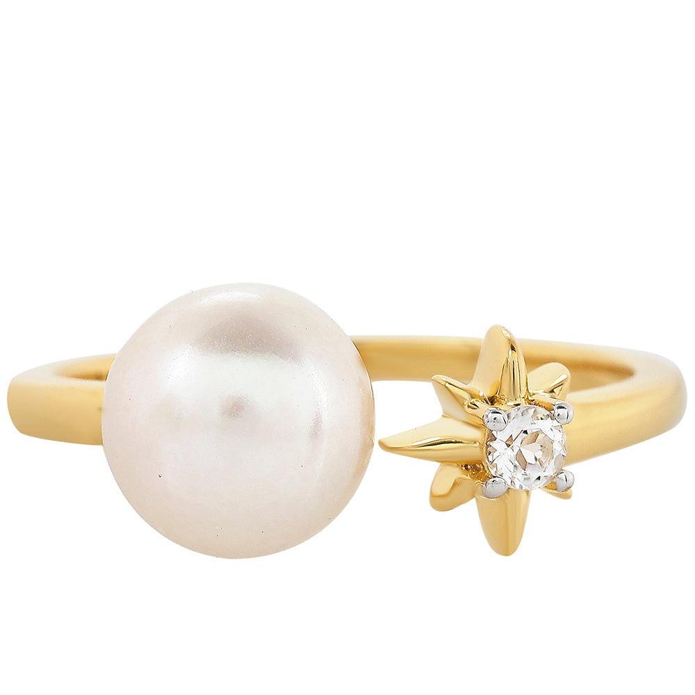 Anillo de Plata Bañada en Oro con Perla Barroca Cultivada de Agua Dulce y Topacio Blanco 1 