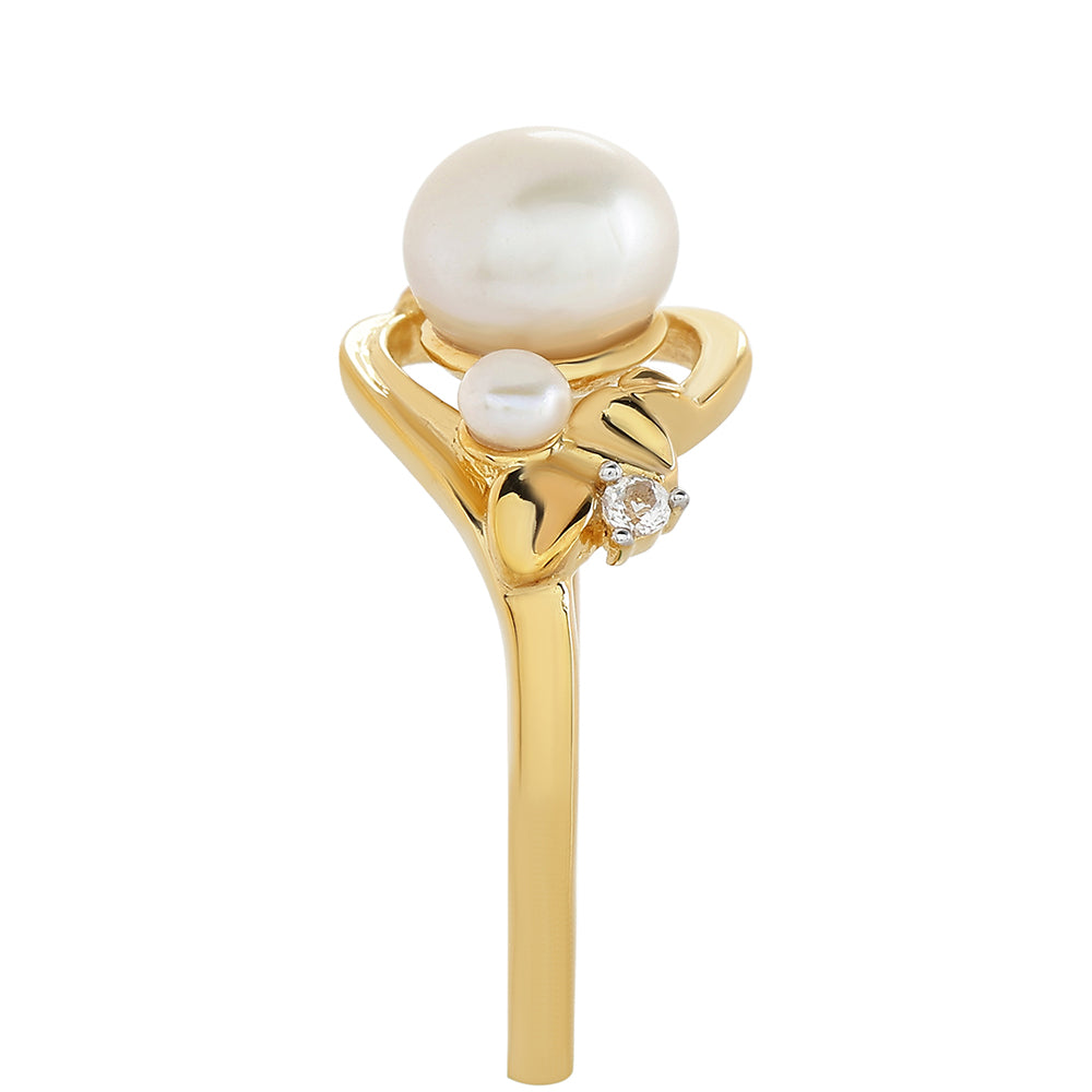 Anillo de Plata Bañada en Oro con Perla Barroca Cultivada de Agua Dulce y Topacio Blanco 4 