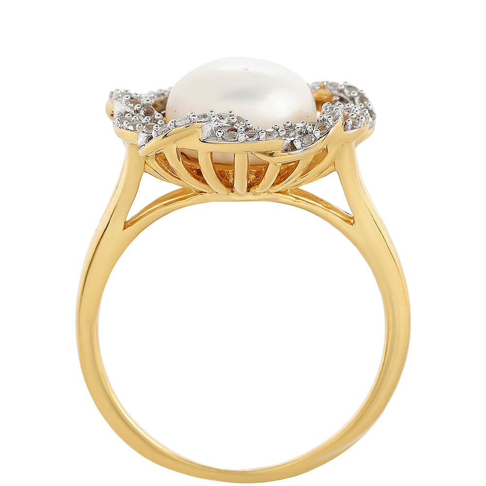 Anillo de Plata Bañada en Oro con Perla Barroca Cultivada de Agua Dulce y Topacio Blanco