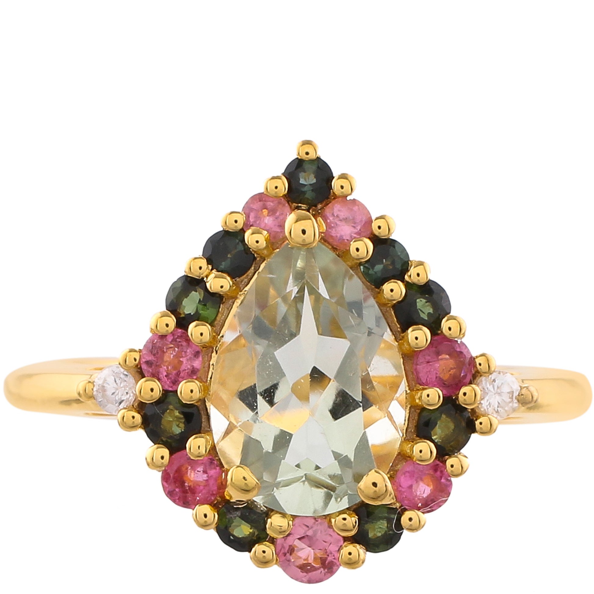 Anillo de Plata Bañada en Oro con Amatista Verde y Turmalina Rosa 1 