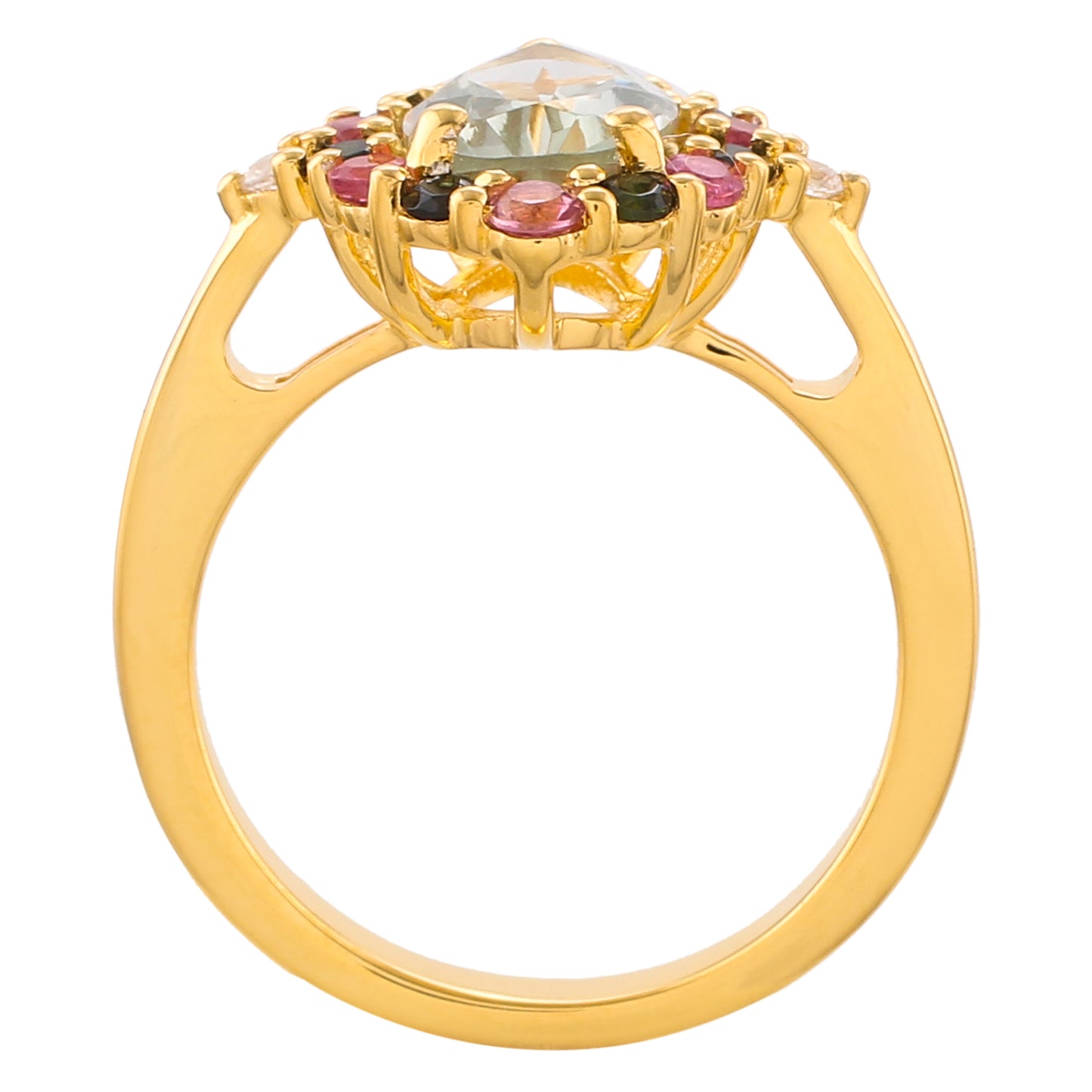 Anillo de Plata Bañada en Oro con Amatista Verde y Turmalina Rosa