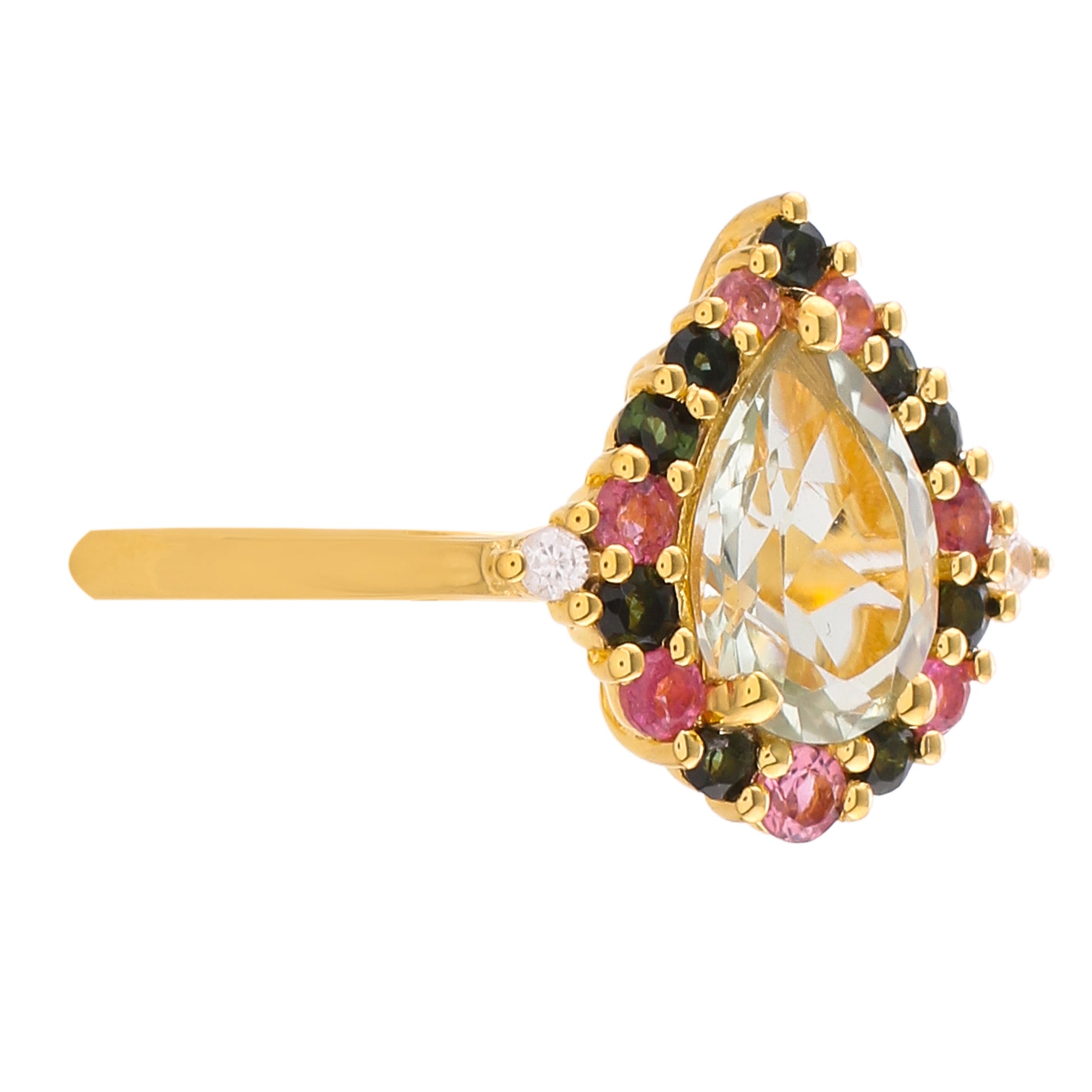 Anillo de Plata Bañada en Oro con Amatista Verde y Turmalina Rosa 2 