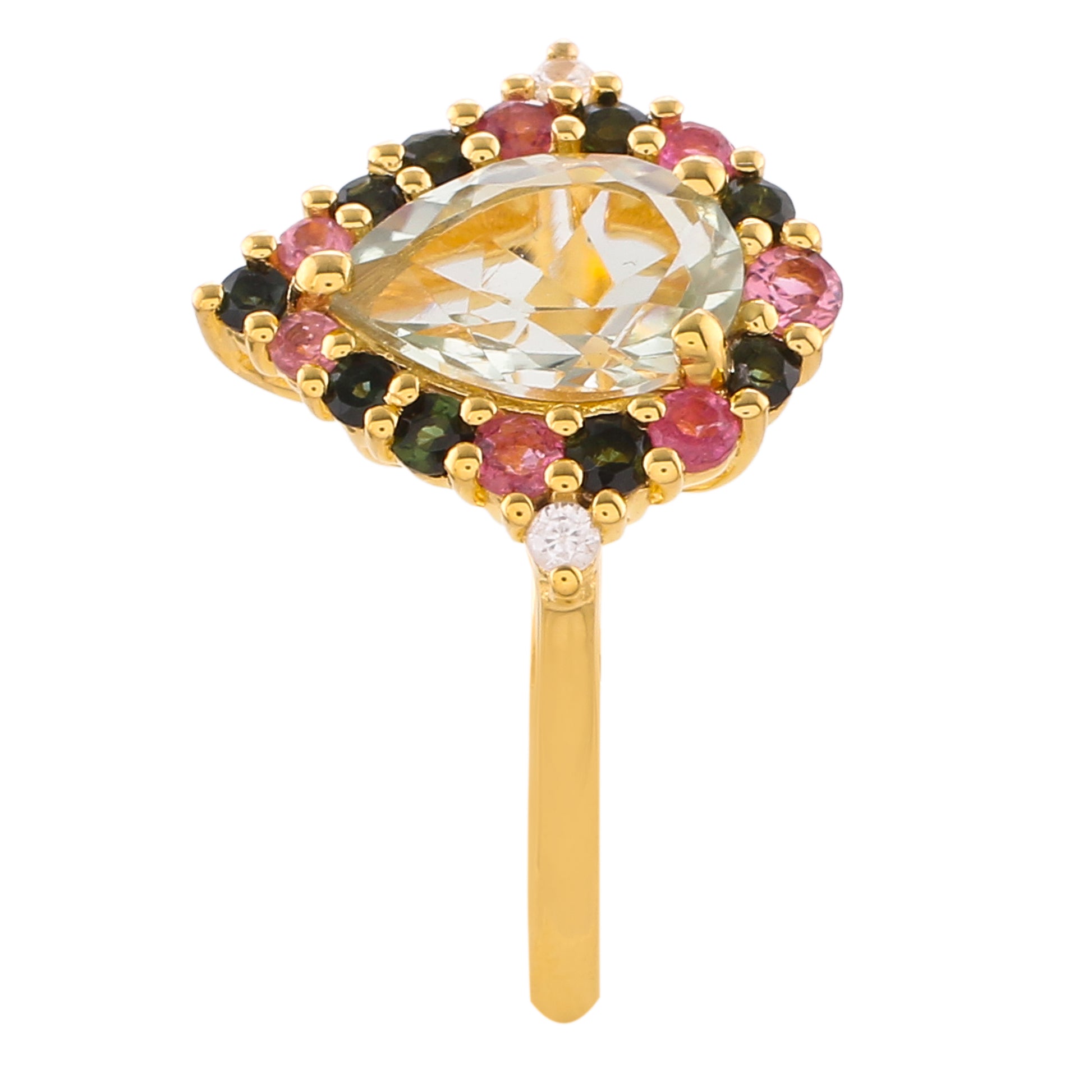 Anillo de Plata Bañada en Oro con Amatista Verde y Turmalina Rosa 3 