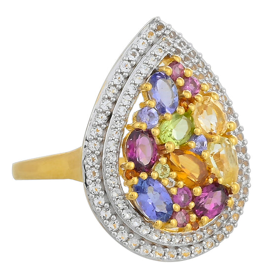 Anillo de Plata Bañada en Oro con Tanzanita y Granate Rodolita