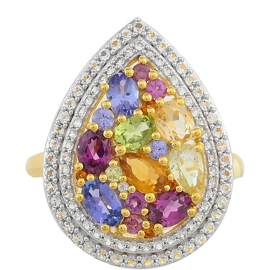 Anillo de Plata Bañada en Oro con Tanzanita y Granate Rodolita