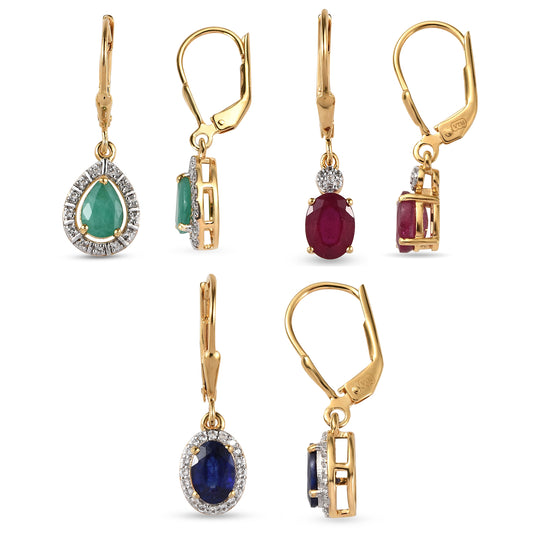 Conjunto de Plata Bañada en Oro con Rubí de Tailandia y Esmeralda de Brasil ( Pendientes )