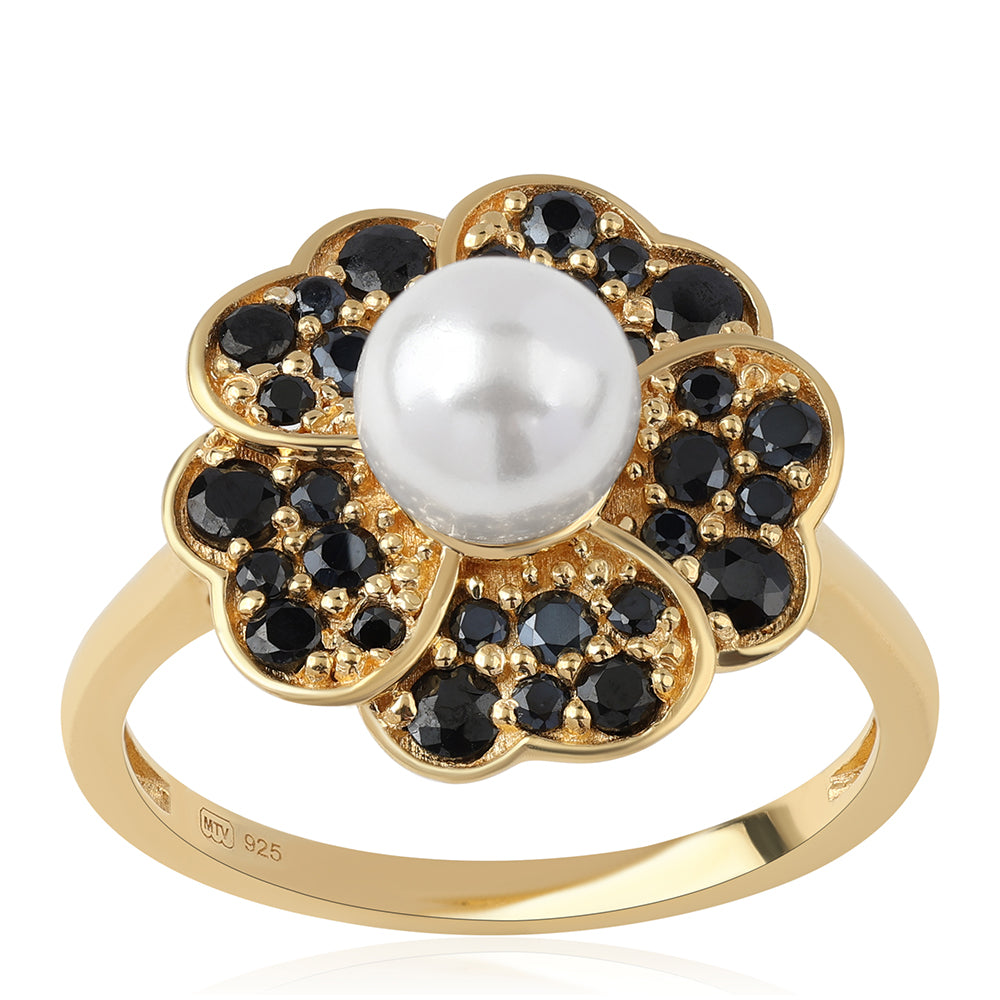 Anillo de Plata Bañada en Oro con Espinela Negra y Perla blanca de agua dulce 1 
