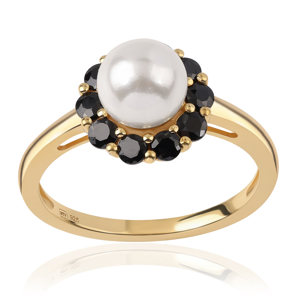 Anillo de Plata Bañada en Oro con Espinela Negra y Perla blanca de agua dulce 1 