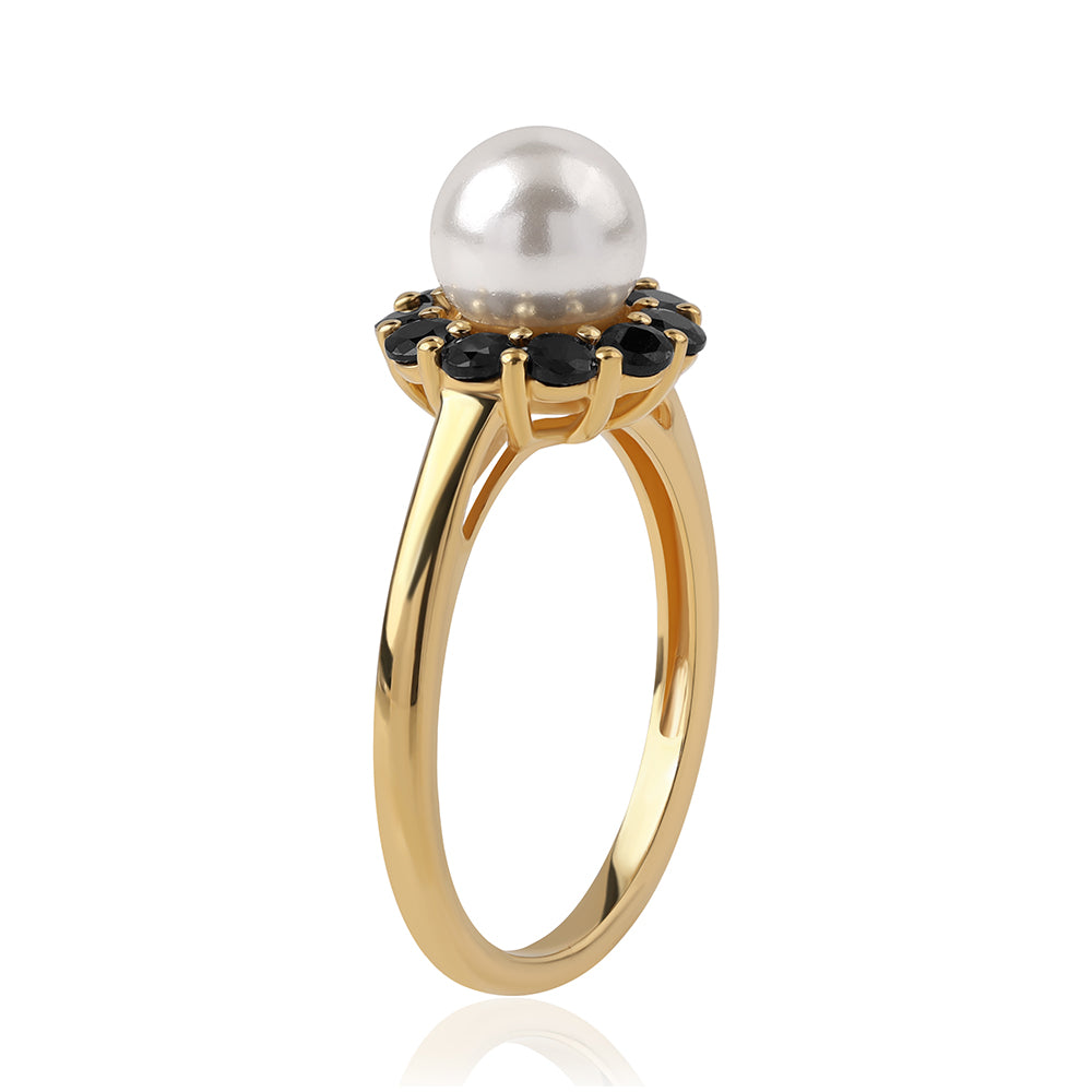 Anillo de Plata Bañada en Oro con Espinela Negra y Perla blanca de agua dulce 2 