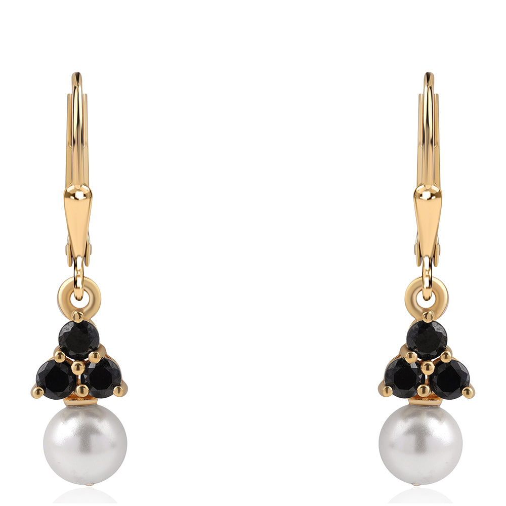 Pendientes de Plata Bañada en Oro con Espinela Negra y Perla blanca de agua dulce 5 