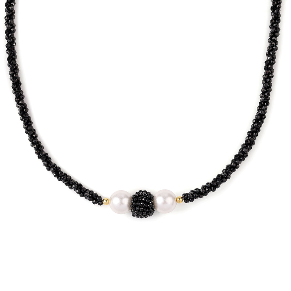 Collar de Plata Bañada en Oro con Espinela Negra y Perla blanca de agua dulce 3 