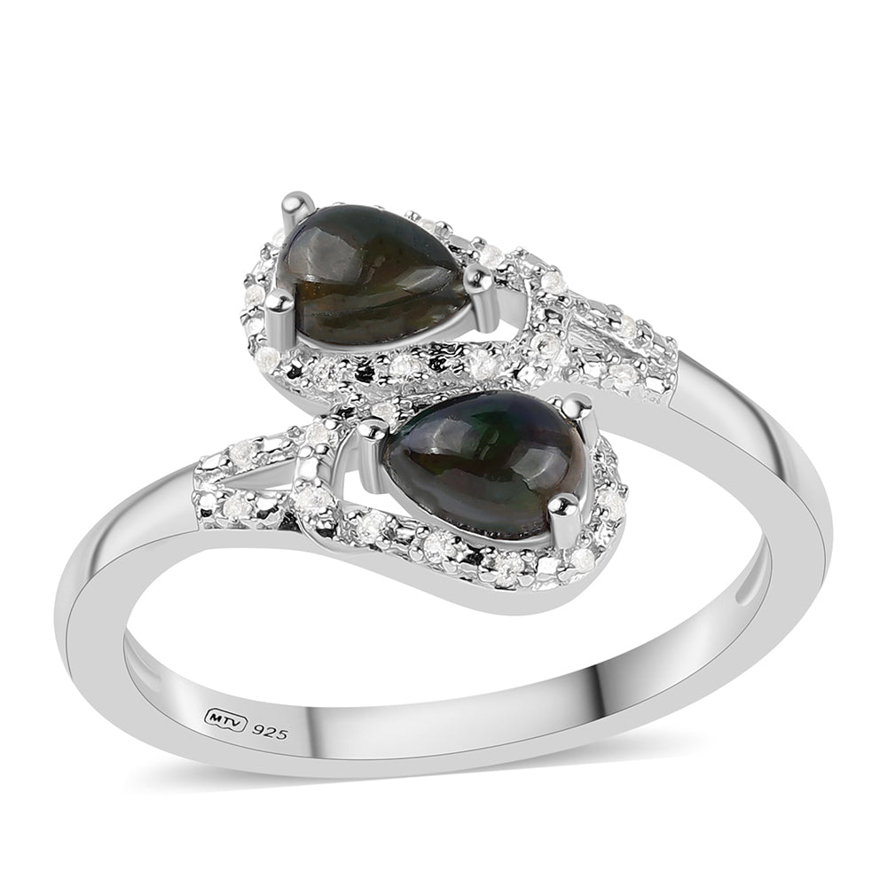 Anillo de Plata con Ópalo negro medianoche Lega Dembi de Ëtiopía y Topacio Blanco 1 