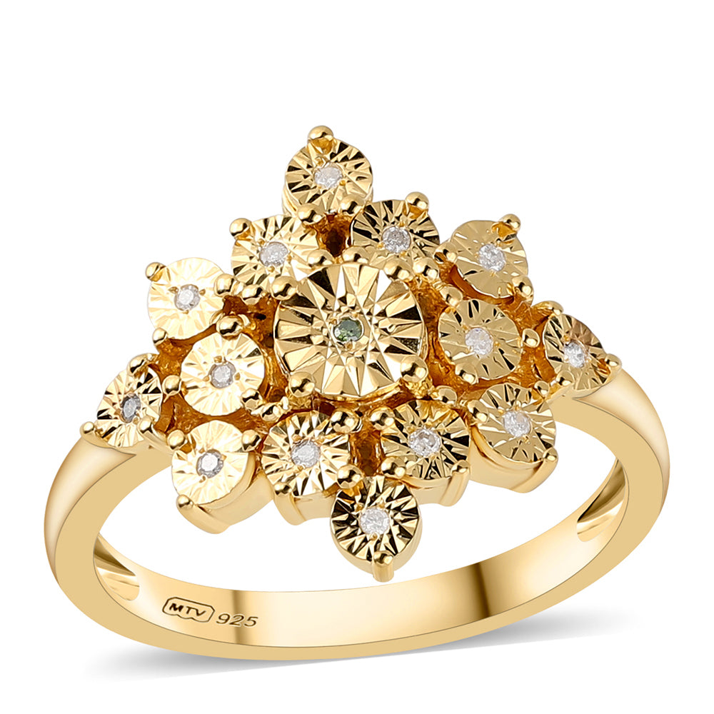 Anillo de Plata Bañada en Oro con Diamante Verde y Diamante blanco