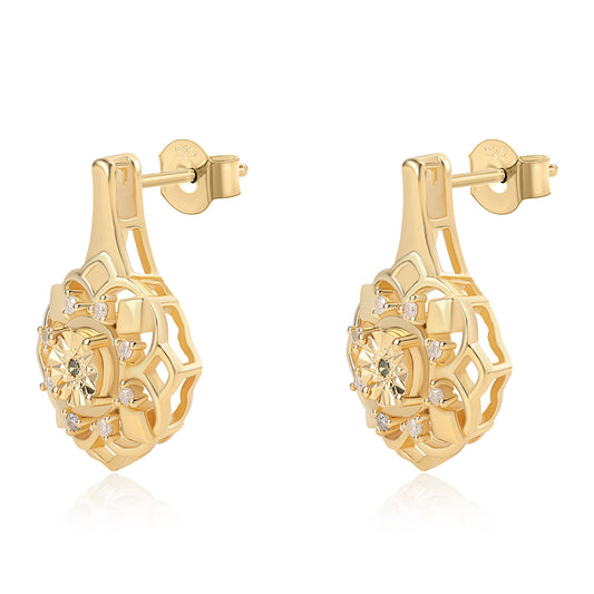 Pendientes de Plata Bañada en Oro con Diamante Verde y Diamante blanco