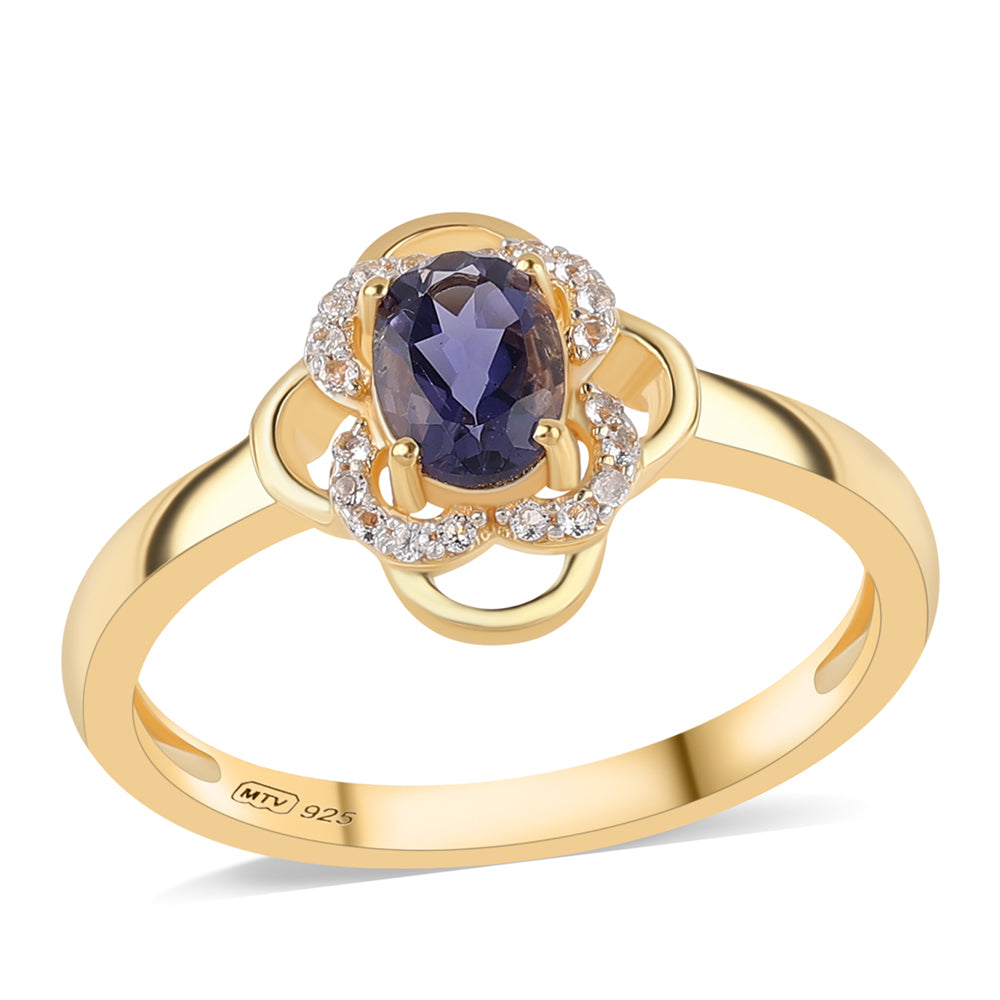 Anillo de Plata Bañada en Oro con Lolita y Topacio Blanco 1 