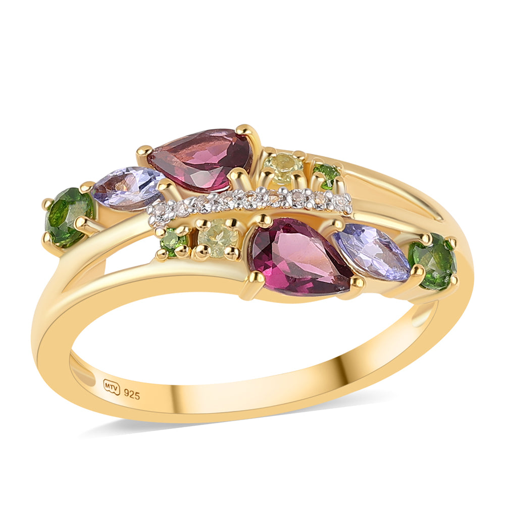 Anillo de Plata Bañada en Oro con Granate Rodolita y Tanzanita