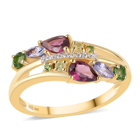 Anillo de Plata Bañada en Oro con Granate Rodolita y Tanzanita