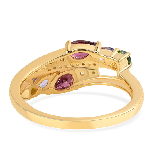 Anillo de Plata Bañada en Oro con Granate Rodolita y Tanzanita