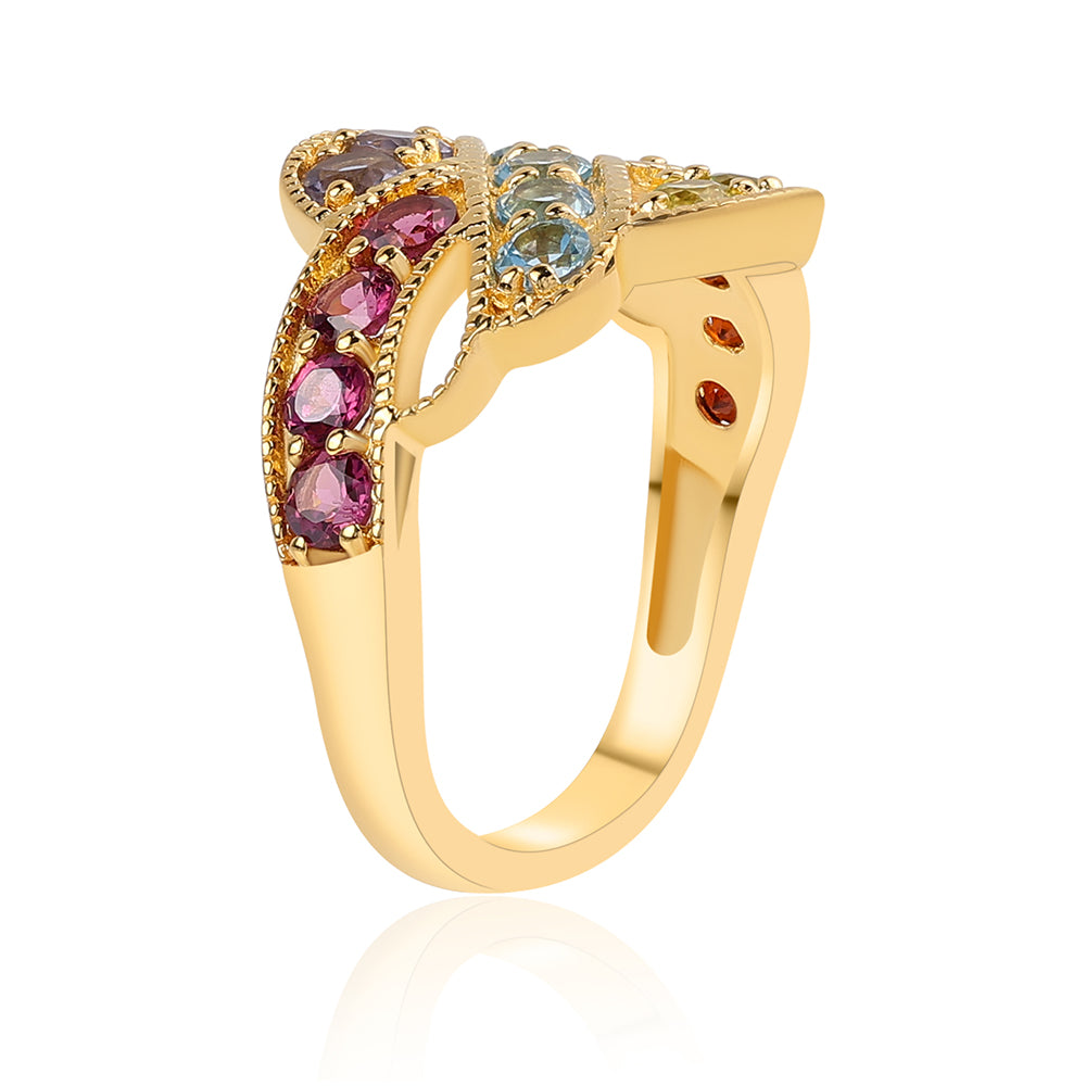 Anillo de Plata Bañada en Oro con Granate rojo y Peridoto