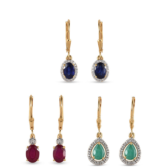 Conjunto de Plata Bañada en Oro con Rubí de Tailandia y Esmeralda de Brasil ( Pendientes )