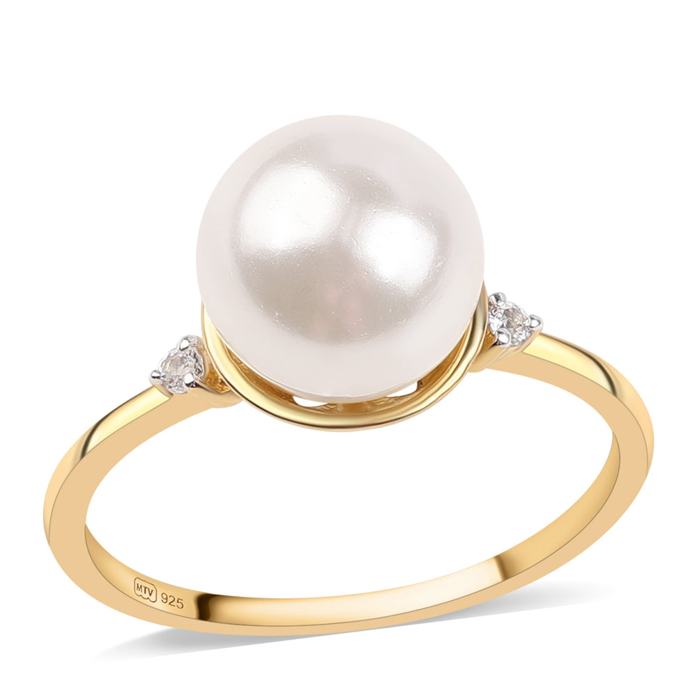 Anillo de Plata Bañada en Oro con Perla blanca de agua dulce y Topacio Blanco 1 