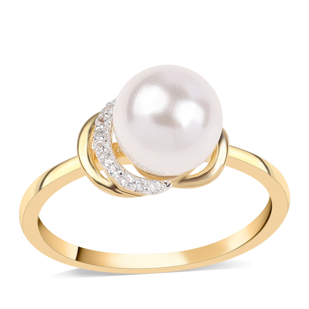 Anillo de Plata Bañada en Oro con Perla blanca de agua dulce y Topacio Blanco 1 