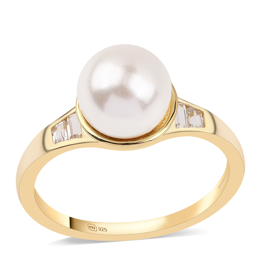 Anillo de Plata Bañada en Oro con Perla blanca de agua dulce y Topacio Blanco 1 
