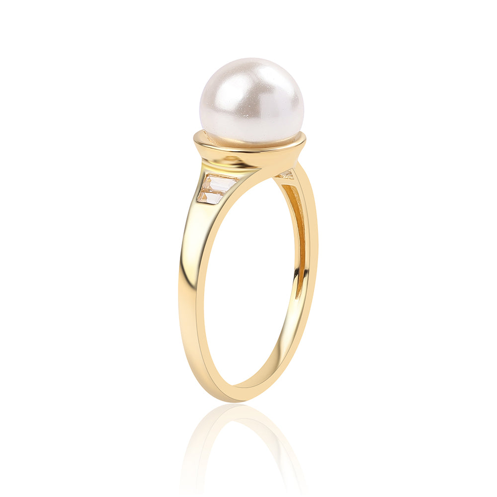 Anillo de Plata Bañada en Oro con Perla blanca de agua dulce y Topacio Blanco 2 