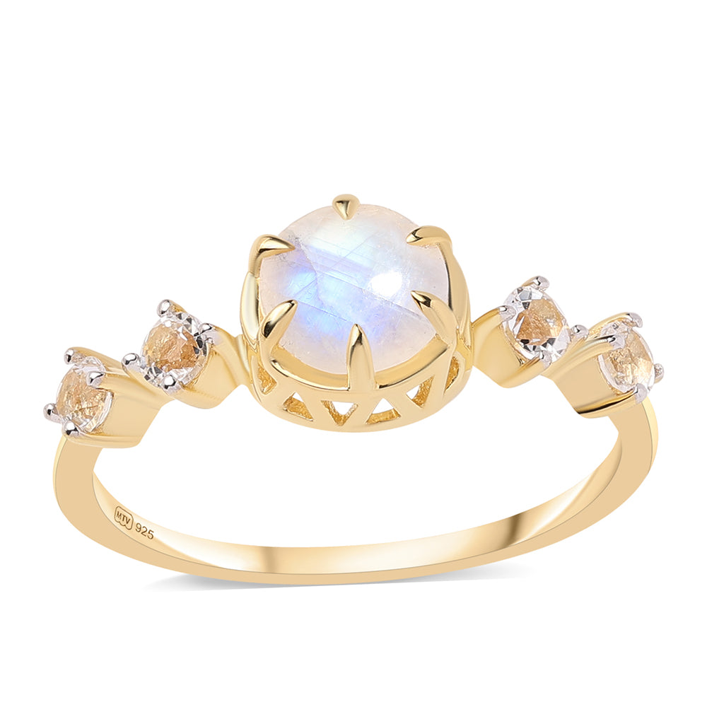 Anillo de Plata Bañada en Oro con Piedra de Luna de arcoiris AA y Topacio Blanco 1 