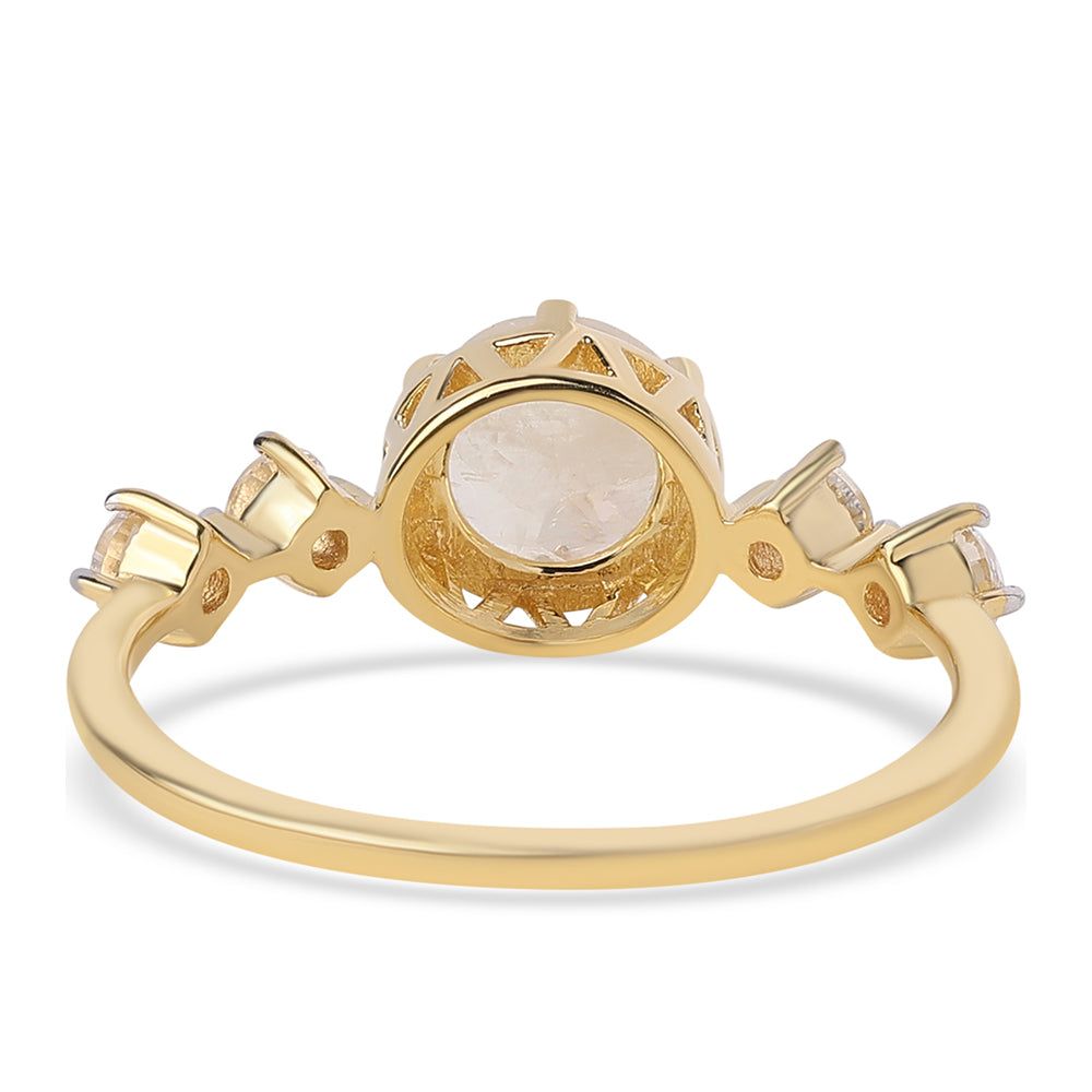 Anillo de Plata Bañada en Oro con Piedra de Luna de arcoiris AA y Topacio Blanco 3 
