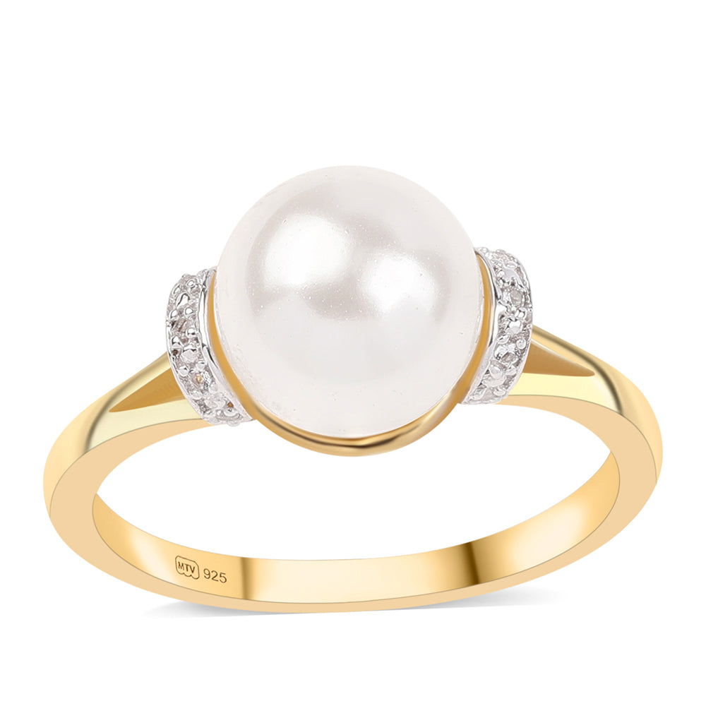 Anillo de Plata Bañada en Oro con Perla blanca de agua dulce y Topacio Blanco 1 