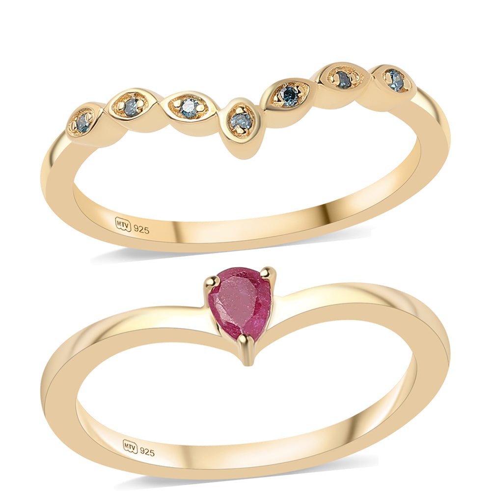 Conjunto de Plata Bañada en Oro con Rubí de Mozambique y Diamante Azul ( Anillo ) 1 