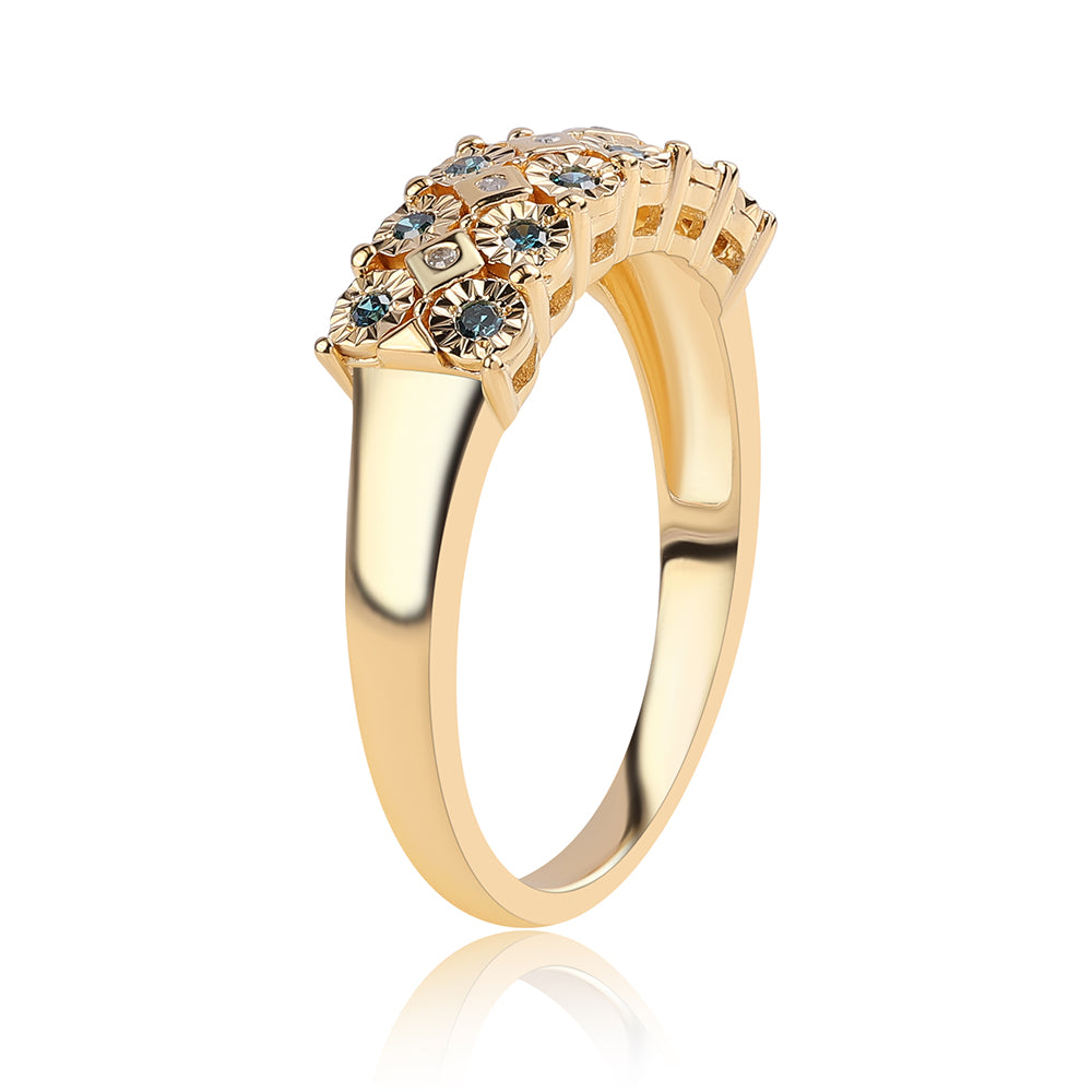 Anillo de Plata Bañada en Oro con Diamante Azul y Diamante blanco