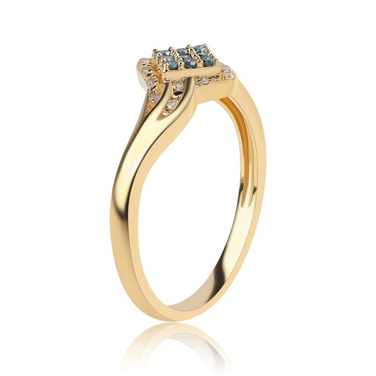 Anillo de Plata Bañada en Oro con Diamante Azul y Diamante blanco