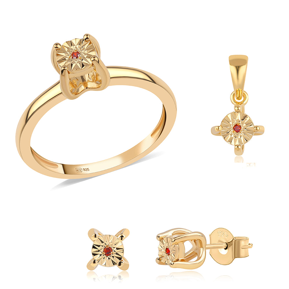 Conjunto de Plata Bañada en Oro con Diamante Rojo ( Pendientes +Anillo +Colgante ) 1 