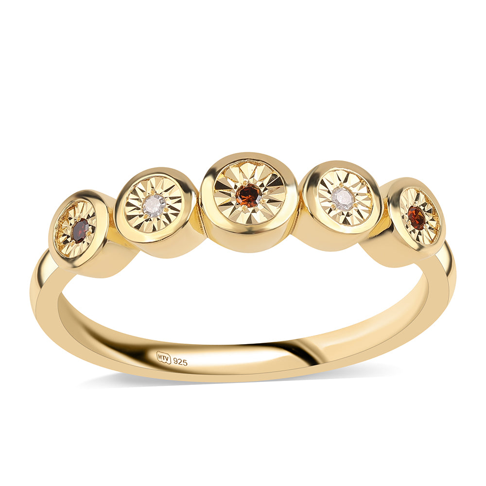 Anillo de Plata Bañada en Oro con Diamante Rojo y Diamante blanco