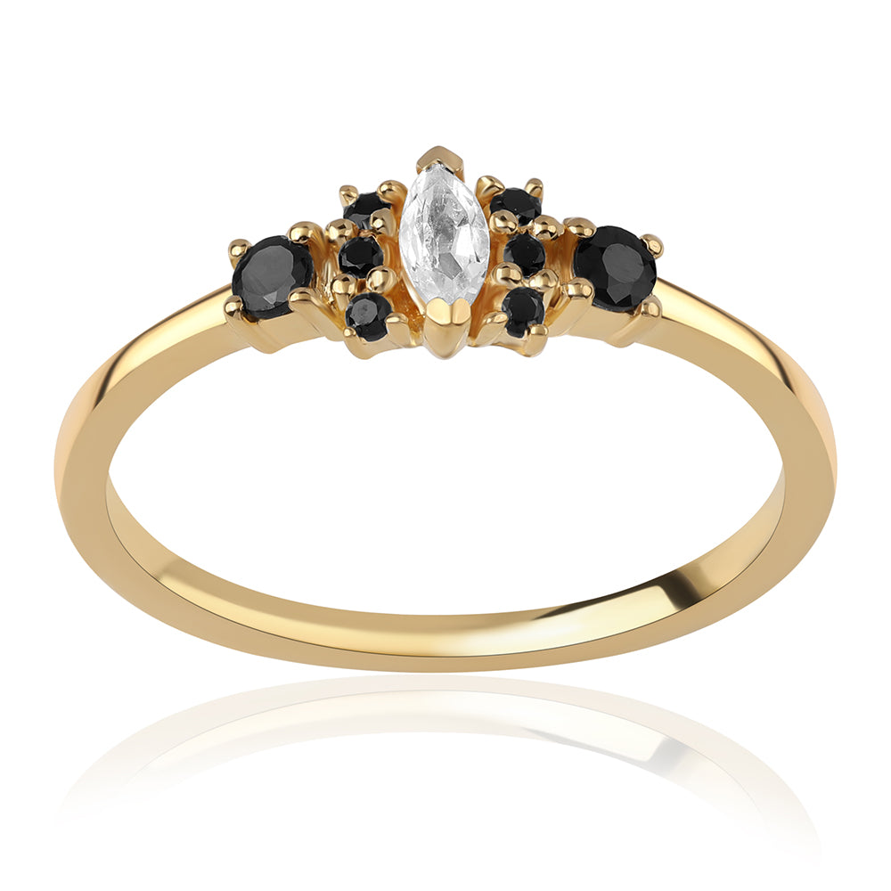 Anillo de Plata Bañada en Oro con Espinela Negra y Topacio Blanco