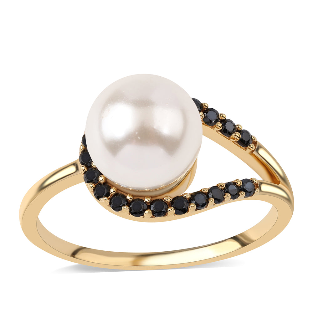 Anillo de Plata Bañada en Oro con Espinela Negra y Perla blanca de agua dulce 1 