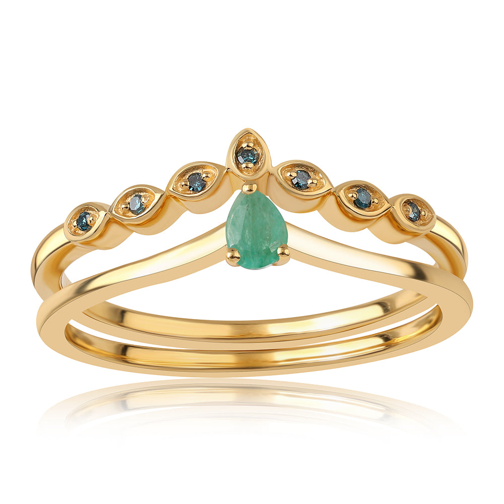 Conjunto de Plata Bañada en Oro con Diamante Azul y Esmeralda de Brasil ( Anillo )