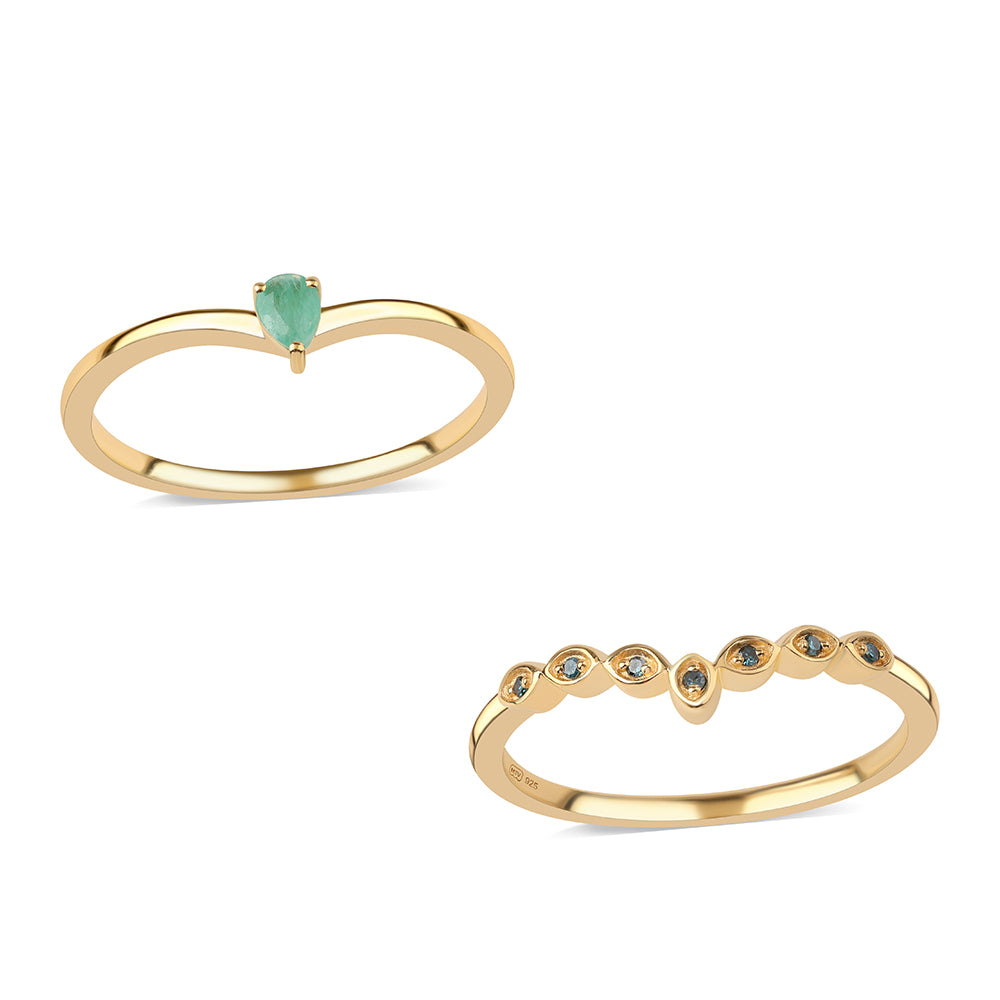 Conjunto de Plata Bañada en Oro con Diamante Azul y Esmeralda de Brasil ( Anillo ) 1 