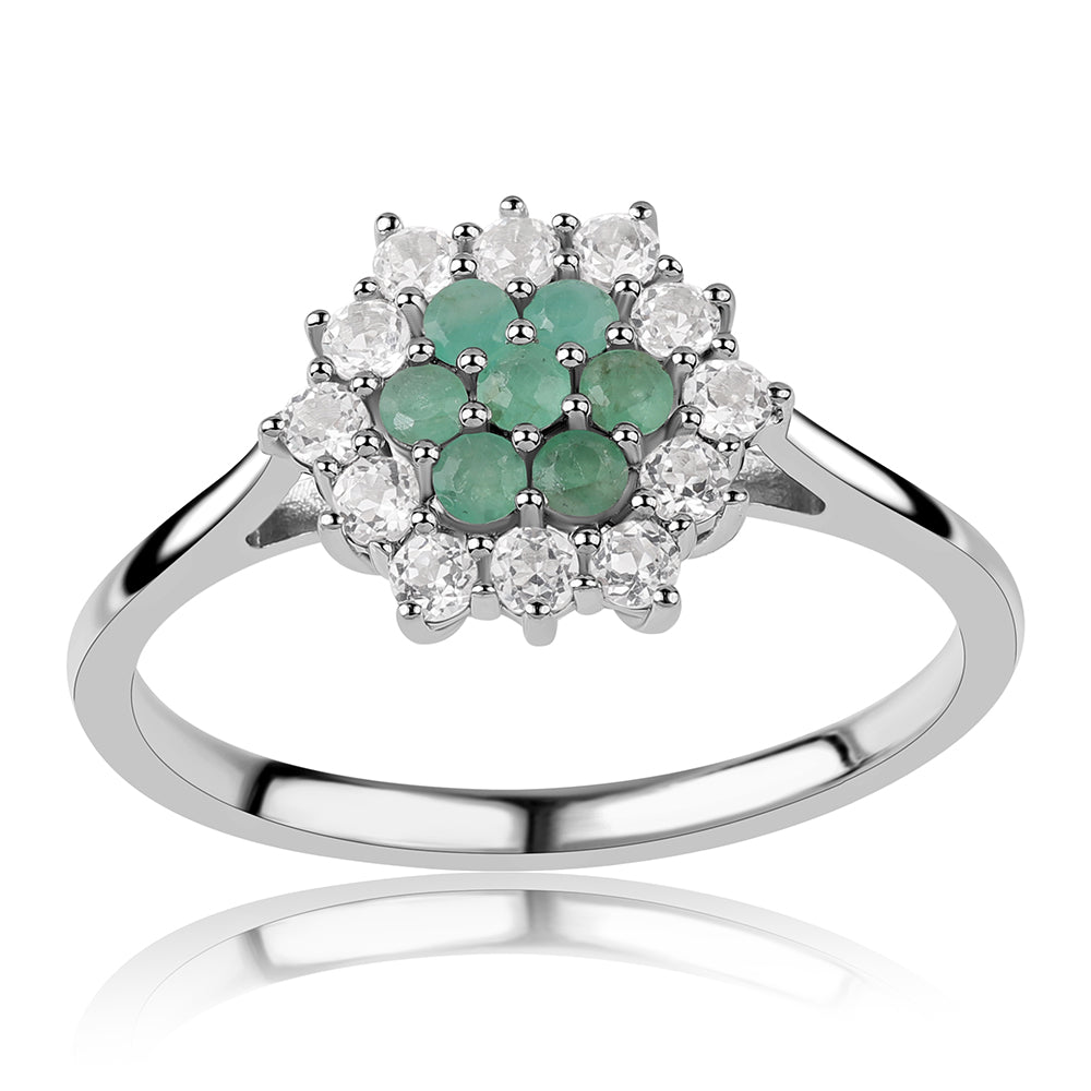 Anillo de Plata con Esmeralda de Brasil y Topacio Blanco