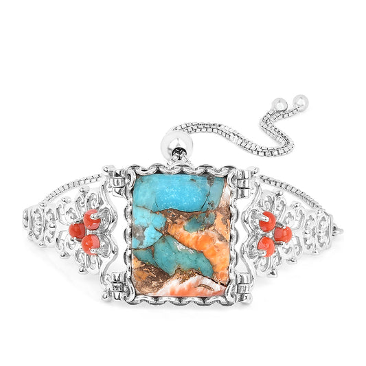 Pulsera de Plata con Turquesa Ostra y Coral Rojo