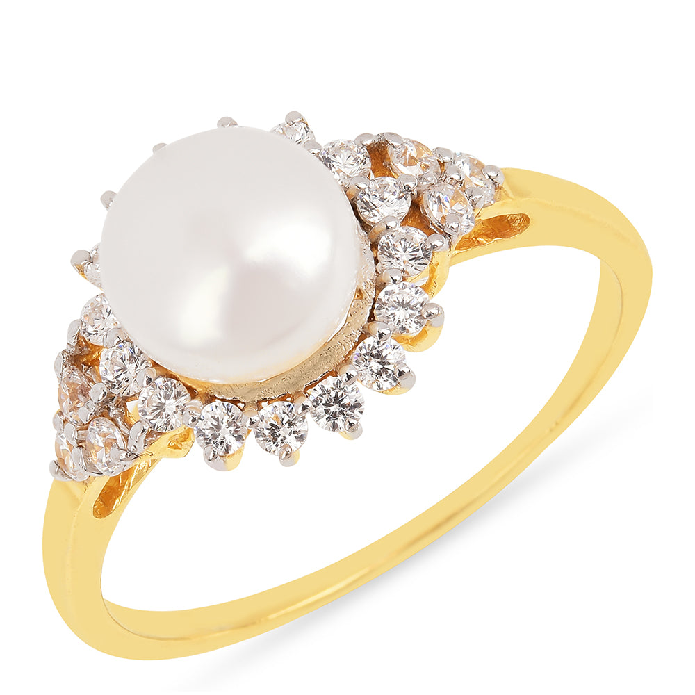 Anillo de Plata Bañada en Oro con Perla de Agua Dulce Crema y Zircón Blanco 1 