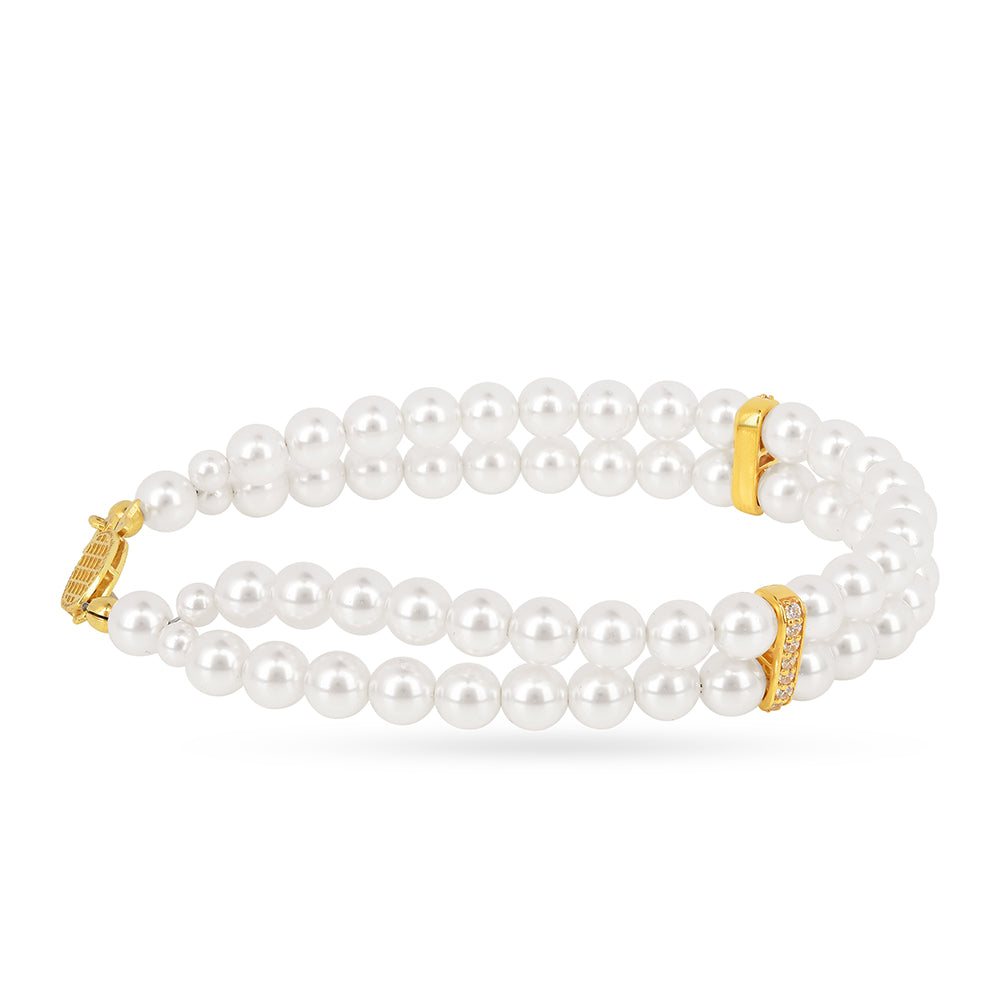 Pulsera de Plata Bañada en Oro con Perla de Agua Dulce Crema y Zircón Blanco 2 