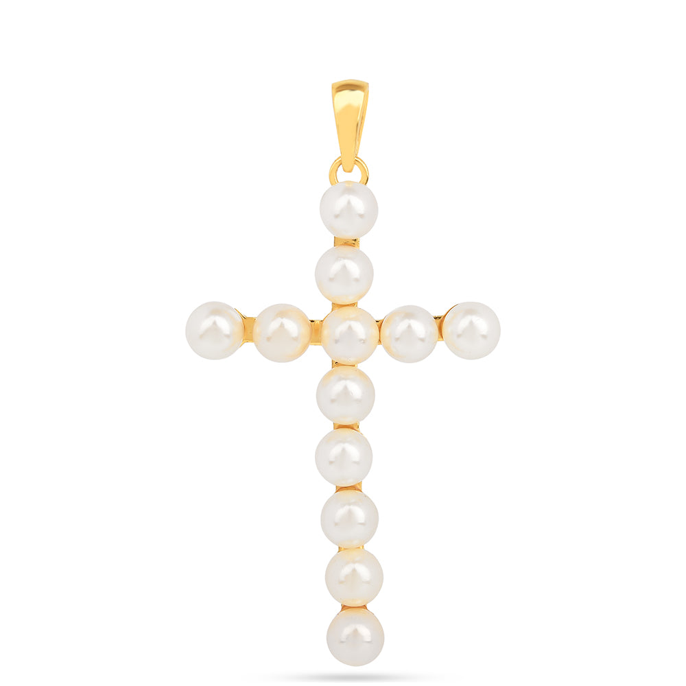 Cruz Colgante de Plata Bañada en Oro con Perla de Agua Dulce Crema 1 