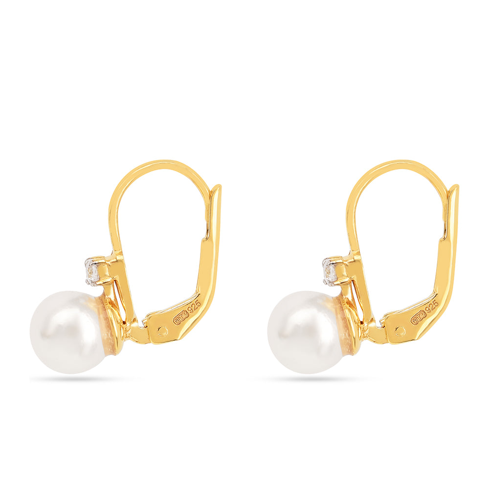 Pendientes de Plata Bañada en Oro con Perla de Agua Dulce Crema y Zircón Blanco 2 
