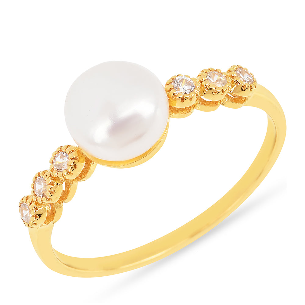 Anillo de Plata Bañada en Oro con Perla de Agua Dulce Crema y Zircón Blanco 1 