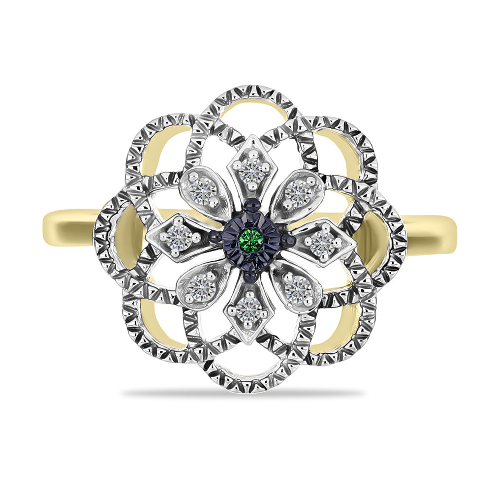 Anillo de Plata Bañada en Oro con Diamante Verde y Diamante blanco