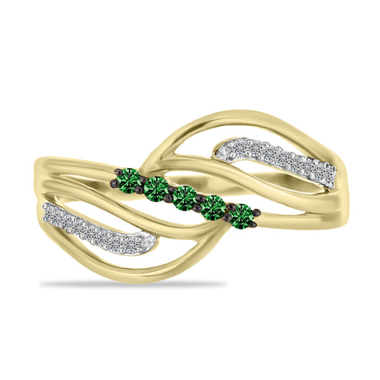 Anillo de Plata Bañada en Oro con Diamante Verde y Diamante blanco